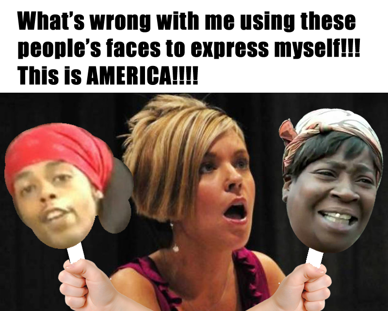 This meme features a photo of a woman with a shocked expression, holding up two "face" masks with different racial/ethnic appearances. The text above the image reads: "What's wrong with me using these people's faces to express myself?!"